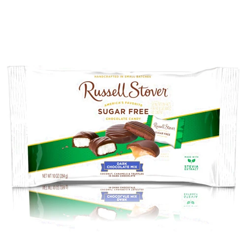 Russell Stover Sugar-Free Dark Chocolate Mix, 10 Ounce Candy, Individually Wrapped Bars, Sweetened with Stevia