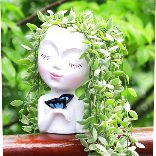 WEWEOW Face Planter/Flower Pot for Indoor Outdoor Plants Resin Succulent Planter with Drainage Hole Cute Lady Face Plant Pots