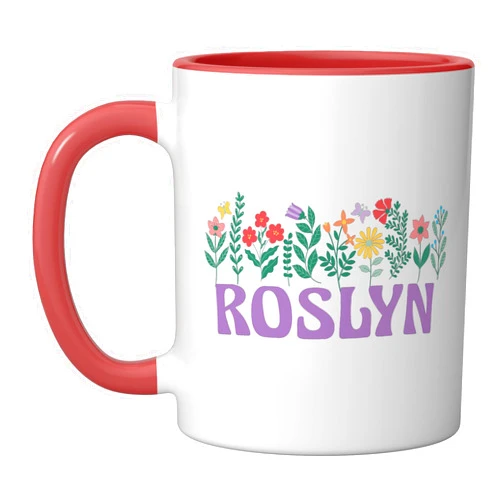 Retro Personalized Girl Name Tees Wildflower Floral ROSLYN First Name Mother's Day Women Ceramic Mug, Red/White