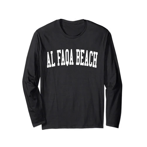 Vintage Al Faqa Beach Varsity Text Apparel Vintage Al Faqa Beach Distressed White Varsity Style Long Sleeve T-Shirt