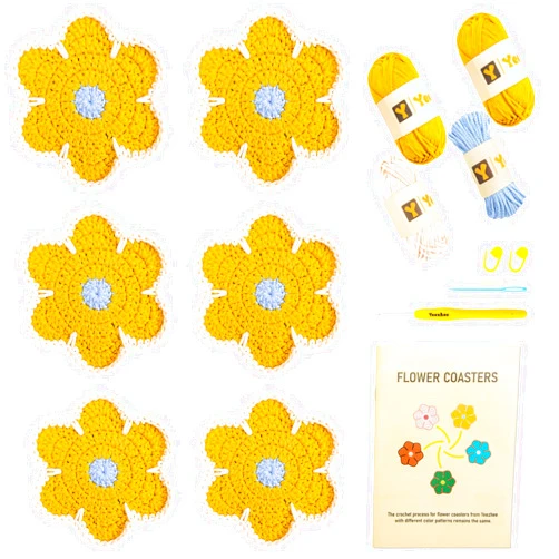 Yeezhee Crochet Kit for Beginners with Easy Peasy Yarn, 6Pcs Crochet Coasters Starter Kit Include Everything (Calendula)