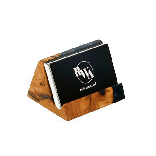 RWA resinwood.art Basic - Black Epoxy & Wood Business Card Holder for Desk, Wooden Card Display Stand Desktop for Office and Home