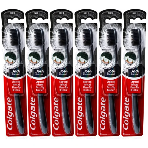 Colgate 360 Charcoal Infused Toothbrush, Floss-Tip Bristles, Soft (Colors Vary) - Pack of 6