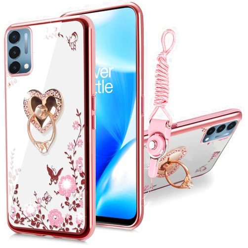 B-wishy for Oneplus Nord N200 5G Case for Women, Glitter Crystal Butterfly Heart Floral Slim TPU Luxury Bling Cute Girls Cover with Ring Holder Stand+Strap for Oneplus Nord N200 5G (Rose Gold)