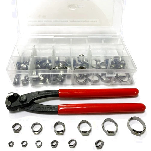 Leberna 200 Pcs 304 Stainless Steel Stepless Single Ear 5-33mm Hose Clamps with Pincers Crimper Tool Kit | Securing Pipe Hoses Automotive | Cinch Rings Pinch Clamp, Crimp Clamp Assortment PEX Crimping