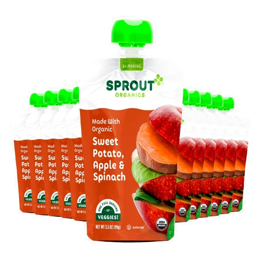 Sprout Organic Baby Food, Stage 2 Pouches, Sweet Potato Apple and Spinach, 3.5 Oz Purees (Pack of 12)