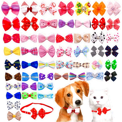 PET SHOW 50 Pack Small Dog Bow Ties Collar Bulk Puppy Cats Boy Girl Bowties Adjustable Neckties Pet Grooming Accessories Assorted Randomly(Daily Style)