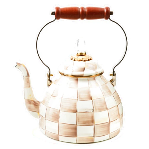 MACKENZIE-CHILDS Enamel Tea Kettle, Stylish Tea Kettle for Stovetop, Brown-and-White Mocha Check, 3 Quarts
