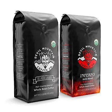 Devil Mountain Coffee Black Label Inferno Whole Bean 2 PK Bundle High-Caffeine USDA Certified Organic Worlds Strongest Coffee 2 pounds