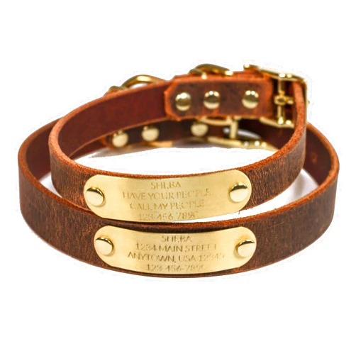 Copper Leaf Leather Handmade Personalized Bridle Leather Dog Collar, Engraved Solid Brass Nameplate (Distressed Brown)