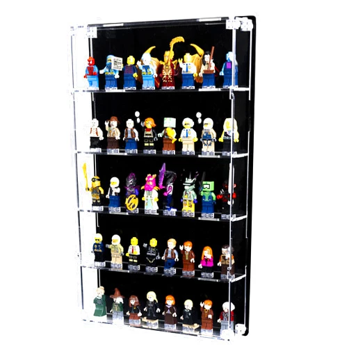 Homelodge Minifigure Display Case - Wall Mounted Minifig Display with Built-in Stands for 40 Figurines - Clear Case Acrylic for Lego Mini Figures, Black Background - Screws & Mounting Accessories Included
