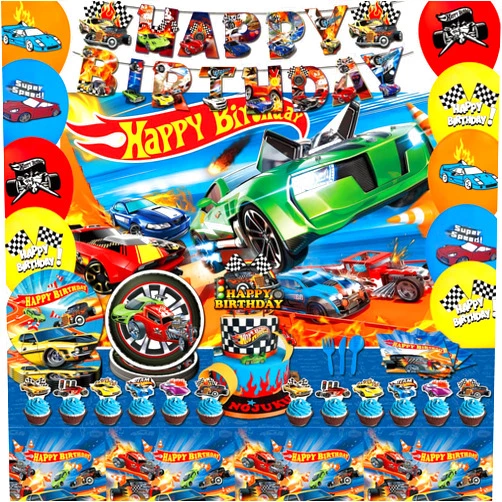 Htwhvt 122 Pcs Hot Car Birthday Party Supplies,Included Banner,Backdrop,Tablecloth,Cake Topper,Cupcake Toppers,Balloon,Racing Car Tableware Set for Boy and Girl Wheel Party Decorations
