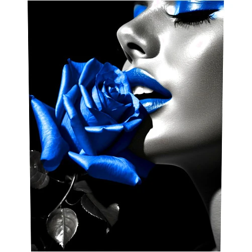Generic DIY 5D Diamond Art Painting by Number Kits Black White Woman Blue Lips and Rose Paint with Full Drill Round Diamond Art for Beginner Cross Stitch Wall Decoration Festival Gift(30x40cm)