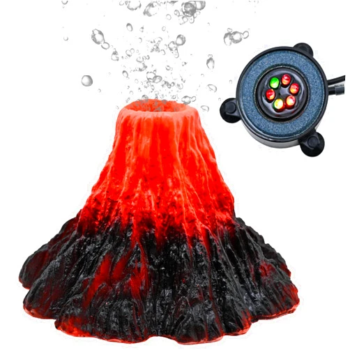 JIUSHICN Aquarium Volcano Decoration Kit,Resin Volcano Ornament with Air Stone Bubbler Colored Light Decor for Fish Tank Landscape Addition and Oxygenation