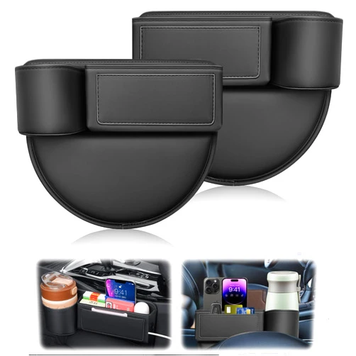 MYSQIHO 2 Pack Car Seat Gap Filler Organizer with Cup Holder, Automotive Seat Leather Storage Box with Cup Holder, Universal Seat Gap Organizer, Adjustable Car Seat Storage Box
