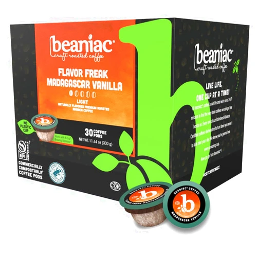 beaniac Flavor Freak Madagascar Vanilla, Flavored Light Roast, Single Serve Compostable K Cup Coffee Pods, Organic Arabica Coffee with Natural Flavors, Keurig Brewer Compatible, 30 Count