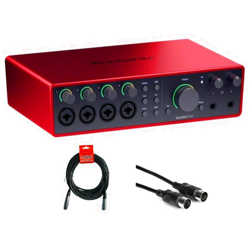 Kellards Focusrite Scarlett 18i16 USB-C Audio/MIDI Interface (4th Generation) Bundle with XLR- XLR Cable (2 Pack), Hosa Mid-310 Black 10 ft. Midi cable (2 Pack)