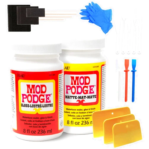 GrandProducts Art Bundles Mod Podge Bundle, 8 Ounce Gloss and Matte Medium Waterproof Sealer, Pixiss Accessory Kit with Foam Brushes, Gloves, Glue Spreaders and More 8oz