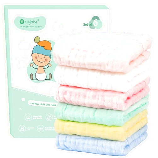 Orighty Muslin Baby Washcloths Pack of 6 - Soft Face Cloths for Newborn, Absorbent Baby Bath and Face Towels, 100% Cotton Babies Wipes, Burp Cloths, Feeding Towels for Babies and Infants - 10 x 10’’