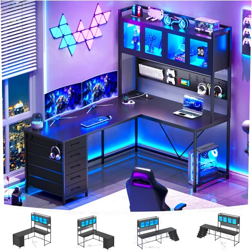 Itaar L Shaped Gaming Desk, Reversible L Shaped Desk with Hutch, Drawers and Power Outlet, Gaming Desk with Led Lights, Pegboard and Storage Shelf, Black