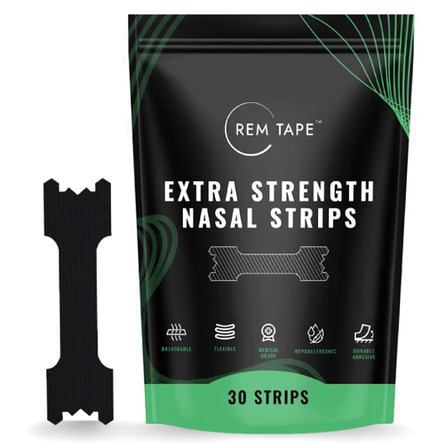 REM Tape™ Extra Strength Nasal Strips (30 Pack). Congestion and Snoring Relief. Dual Spring Flex Technology. Soft Medical Grade Fabric. Skin Friendly Hypoallergenic Adhesive. One Month Supply!, Black