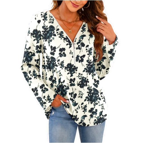 VIISHOW 3/4 Sleeve Blouses for Women V Neck Zipper Cuffed Sleeve Casual Business Chiffon Tops Loose Shirts