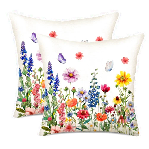 Fukeen Spring Flower Pillow Covers 20x20 Inch Set of 2 Colorful Herbs Plant Leaf Floral Daisy Butterfly Throw Pillow Covers Spring Summer Cushion Case Farmhouse Decorative Pillows for Couch Sofa