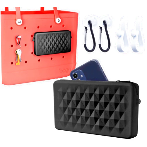 Raymall Phone Holder Pouch for Bogg Bag Accessories, Universal Silicone Phone Holder Compatible with Simple Modern Beach Tote L/XL and Fits Bogg Bag XL, Zipper Pouch with 4 Hooks Black