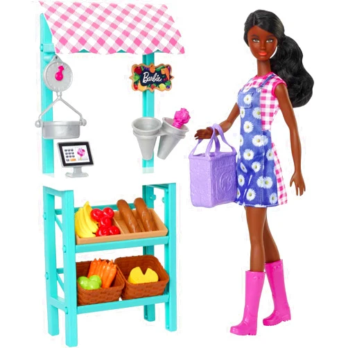 Barbie Farmers Market Playset, Doll (Brunette), Stand, Register, Vegetables, Bread, Cheese & Flowers, Great Gift for Ages 3 Years Old & Up