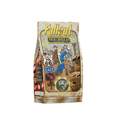 Bones Coffee Company Fallout Rocky Route 66, Rocky Road Flavored Coffee, Medium Roast Low Acid Arabica Beans Compatible with Auto drip and French Press Coffee Maker, 12 Oz Whole Bean