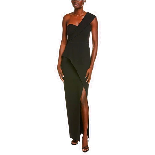 Aidan Mattox Womens One-Shoulder Wrap Column Gown, 6, Black