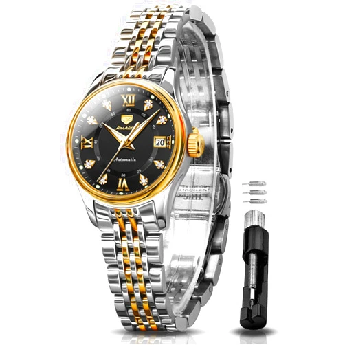 OLEVS Automatic Watches for Womens Luxury Gold and Silver Stainless Steel Thin Wrist Watches Mechanical Flywheel Moon Phase Blue & White Dial Waterproof