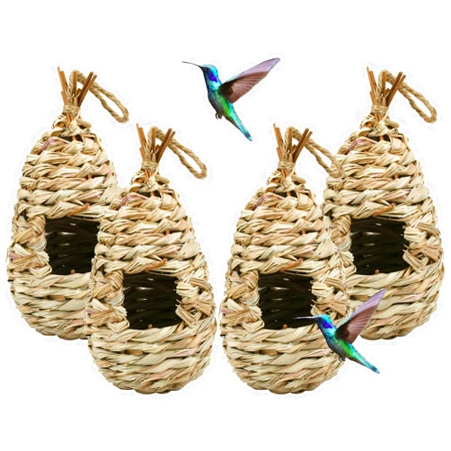 Yesland 4 Pack Hand Woven Hummingbird House, 9 x 4 Inches Bird Hut and Hummingbird Houses Nest, Small Hanging Bird & Chickadee House for Finch & Canary in Outdoor