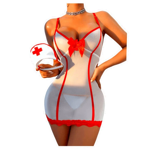 WDIRARA Women's 3 Piece Nurse Roleplay Lingerie Set Sheer Cutout Cosplay Costume Bow Lace Nightdress