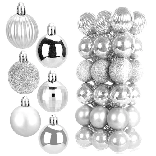 TIMUBIII 36 pcs Christmas Ball Ornament Set, 1.57 inch Christmas Decorative Balls with Hanging Strings, 6 Styles of Shatter-Resistant Decorative Ball, Suitable for Xmas Trees, Wreaths & Decorations(Silver)