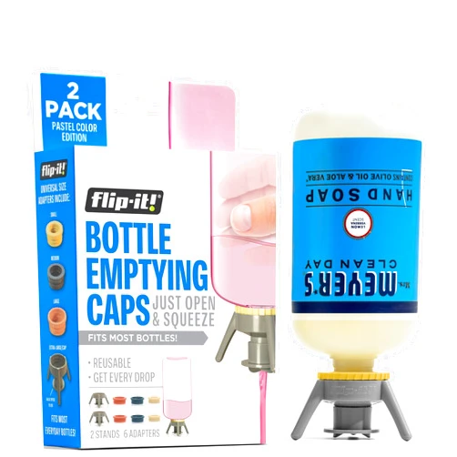 Flip-It! 2-Pack Premium Bottle Emptying Kit – No more wasted product - Fits most plastic bottles – Get out every drop of Shampoos, Lotions, & More – 2 Base Caps, 6 Adapters – Pastel Color Edition