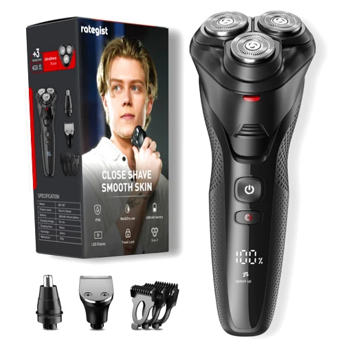 Rategist Cordless Electric Razor for Men: 3-in-1 Shaver for Beard/Nose/Sideburns - IPX7 Waterproof Travel Kit - Turbo Speed & Precision Blades