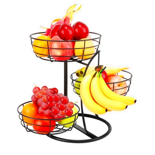 Livabber Fruit Basket Bowl with Banana Hanger, Fruit Vegetable Storage Basket with Banana Tree Holder for Kitchen Counter, Detachable Organizer for Bread Snack Produce (Black, 3-Tier Metal Base)