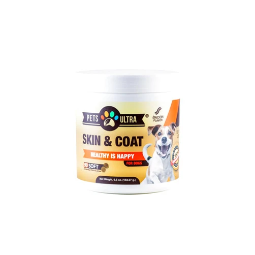 PETS ULTRA Skin & Coat Supplement for Dogs 90 Shew Treats, Bacon Flavor, Flax Seed Oil Omega 3,6 and 9, Wild Alaska Salmon Oil,Biotin, Skin Allergy, Itch Relief, Hot Spots Treatment.