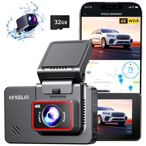 Kingslim Dash Cam Front and Rear 4K - D4 Dual Dash Camera for Cars WiFi GPS, Dashcam with 32GB SD Card, 3