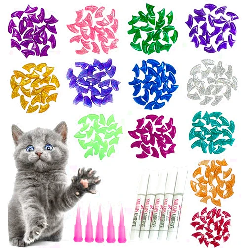 YMCCOOL 100pcs Cat Nail Caps Glitter Cat Paw Covers Kitten Nail Caps Pet Tips with Adhesives and Applicators Medium