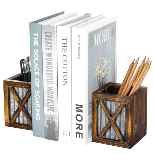 MyGift Rustic Burnt Wood Decorative Bookends with Corrugated Galvanized Metal Accent, Desktop Book Ends with Pen Holder Pencil Cup Stationery Storage Bins for Home Office, Classroom, Dorm Room, 1 Pair