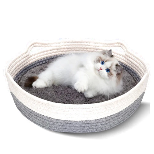 Yummy Sam Cotton Rope Woven Cat Bed Basket, Small Dogs Sofa Bed with Double Sided Mat for All Seasons, 14