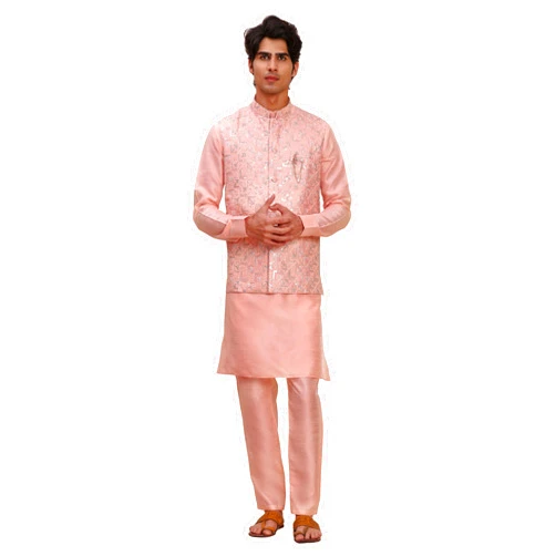 Pro-Ethic Style Developer Men's Cuffed Sleeves Silk Kurta and Trouser Set with Waistcoat (Nehru Jacket) (C-119)