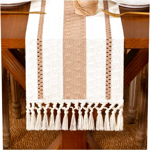DeZerlor Boho Macrame Table Runner Spring Easter Farmhouse Woven Table Runner with Tassels 90 Inches Ivory& Khaki Cotton Linen Kitchen Table Decor for Dining Dresser Home Tea Table Decor