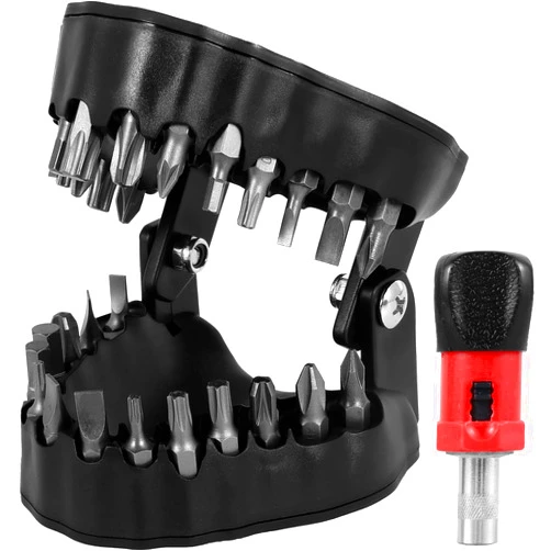 QENWKXZ Denture Drill Bit Holder 3D Sculpture Screwdriver Bit Organizing Holder with 28pcs 1/4inch Hex Bits Magnetic Teeth Model Shaped Drill Bit Organizer Table Decoration for Décor Gift(Black)