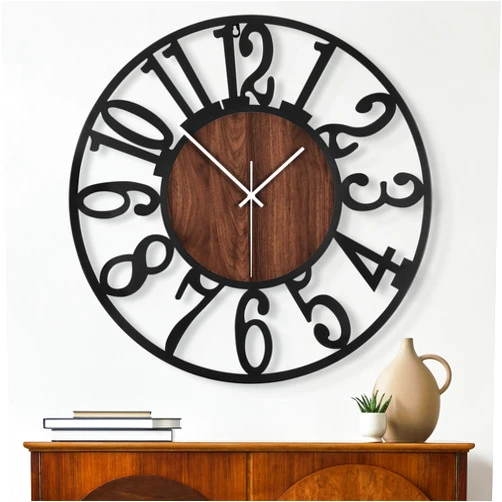 Maxstar Round Wall Clock for Living Room Decor Battery Operated Non Ticking Silent Vintage Black Metal Wood Clocks for Home Living Room Garden Farmhouse Office Kitchen Decoration -13 inch