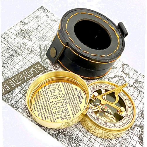 Geekgifts Pocket Sundial - Brass Pocket Sundial Compass with Leather Box - Vintage Style Nautical Sundial - Steampunk Retro Gift