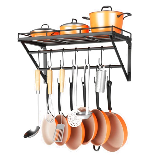 OROPY 23 Inch Wall Mounted Pot Rack Storage Shelf with 2 Tier Hanging Rails 12 S Hooks included, Ideal for Pans, Utensils, Cookware, Plant Black