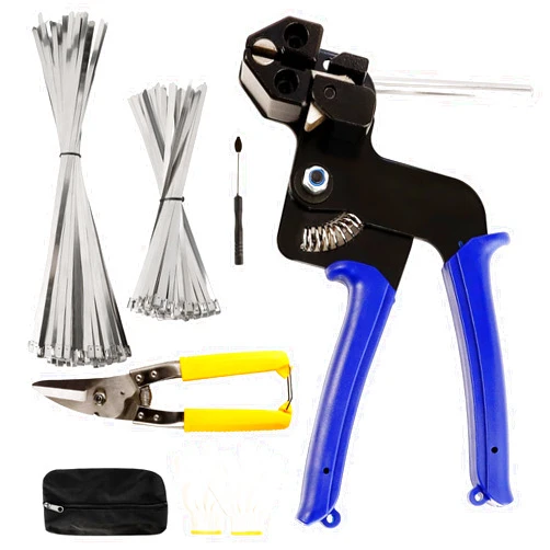 TEKCHIC Heavy Steel Zip Ties Tool, Stainless Steel Cable Ties Gun Kit, Metal Zip Ties Tool, Duty Outdoor Adjustable Fastening Cutting Tie Tool Sets with 200pcs Self-Locking Metal Steel Wire Ties (Two Size)
